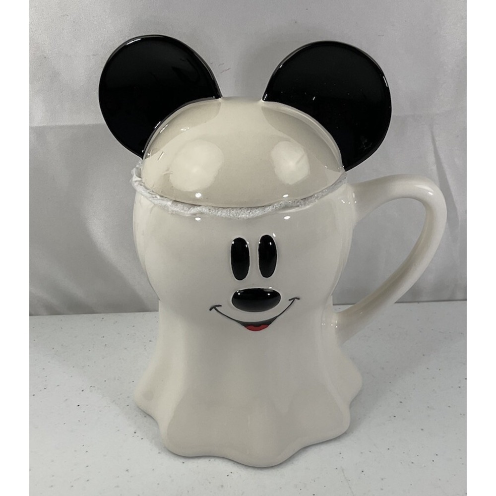 Disney Halloween Mickey Mouse Ghost Coffee Mug 17 oz With Ears Lid Topper
